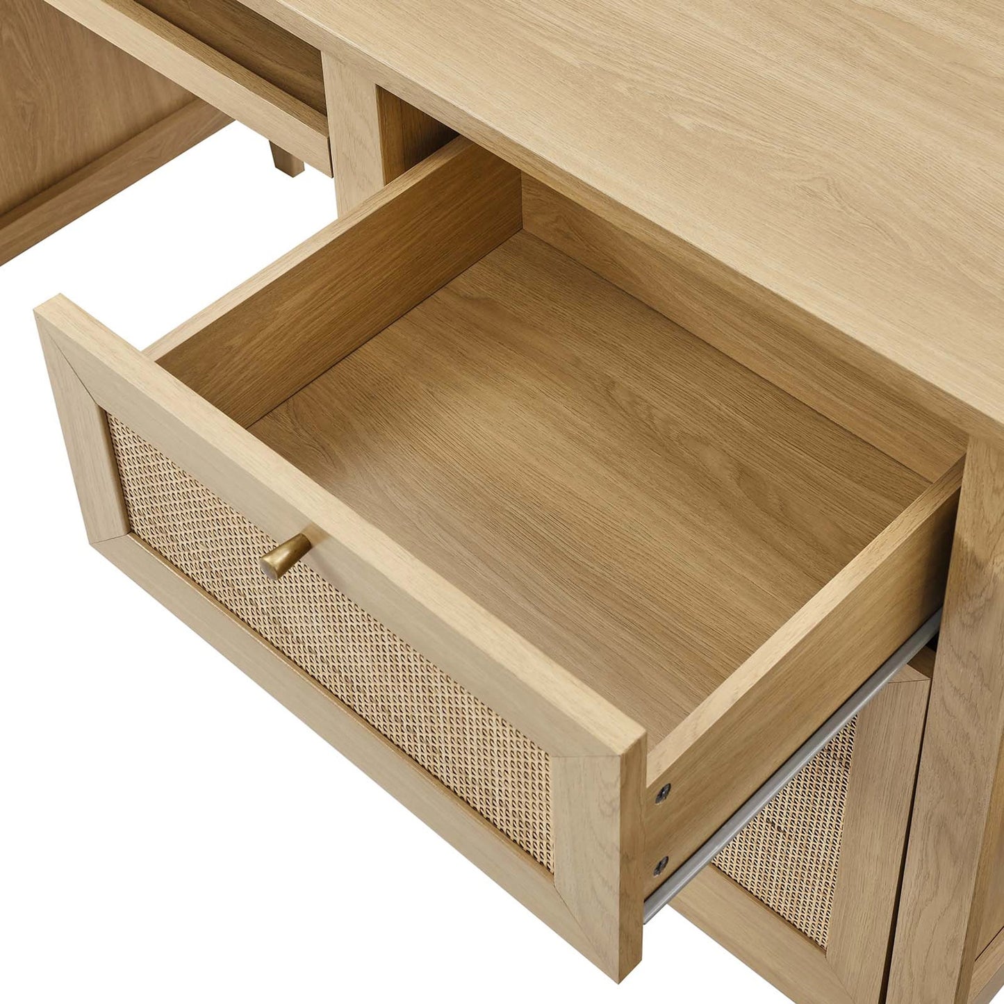 005 SI-2002674 | Closeup | Oldham 63" Office Desk by Evans & Londeen in oak. Made from mdf, particle board, natural rattan, foam pad, brass handle, top panel : 200 lbs in a modern style.