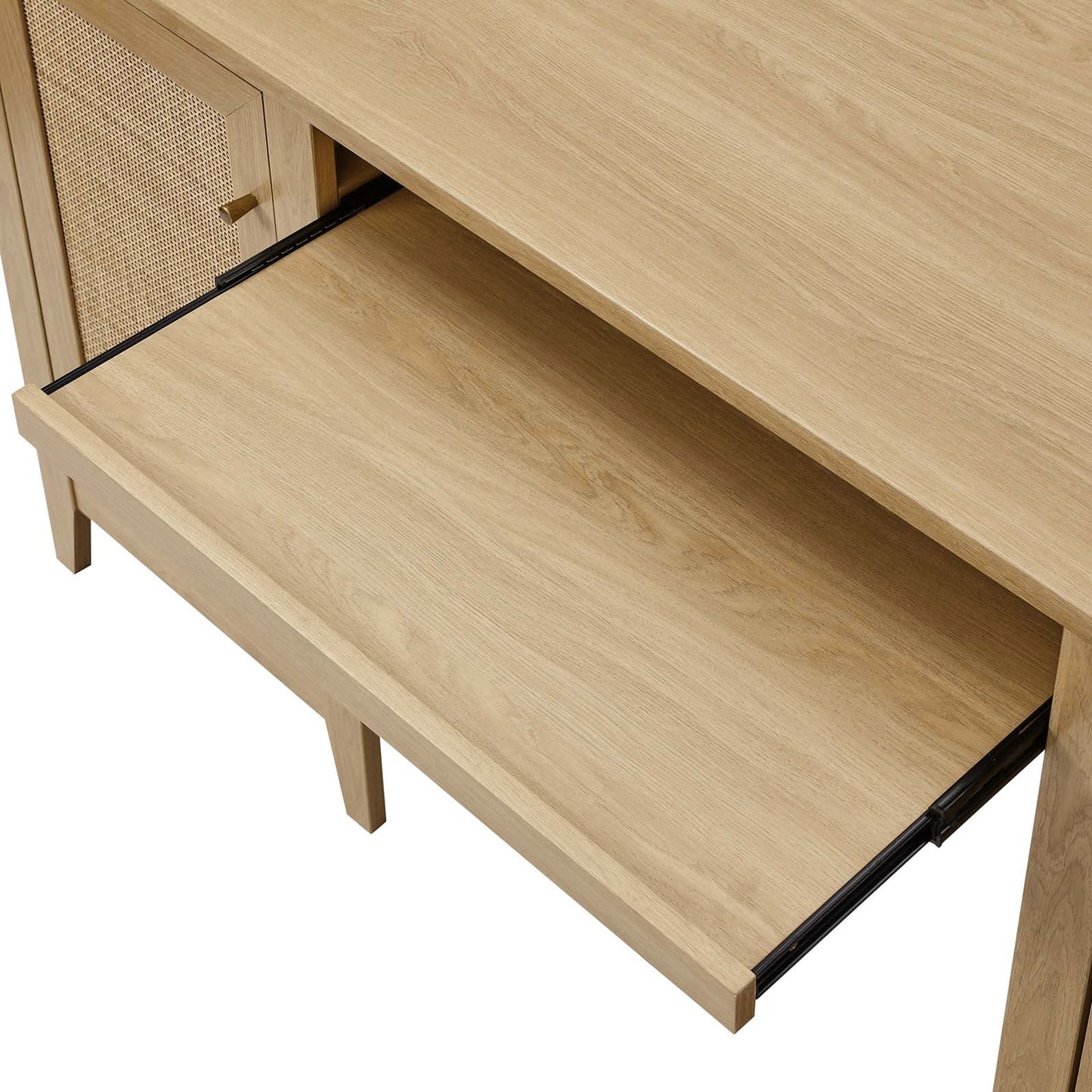 006 SI-2002674 | Closeup | Oldham 63" Office Desk by Evans & Londeen in oak. Made from mdf, particle board, natural rattan, foam pad, brass handle, top panel : 200 lbs in a modern style.