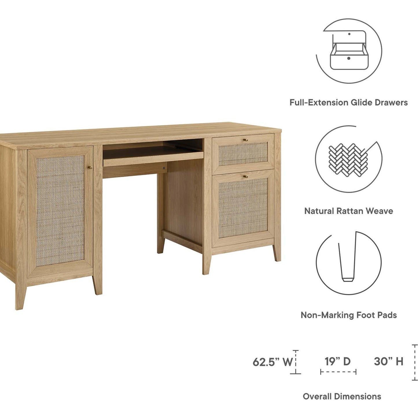 004 SI-2002674 | Additional Silo | Oldham 63" Office Desk by Evans & Londeen in oak. Made from mdf, particle board, natural rattan, foam pad, brass handle, top panel : 200 lbs in a modern style.
