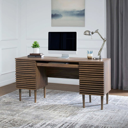 Rennell Office Desk by Evans & Londeen in walnut. Made from particle board, mdf, paper in a modern style.