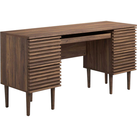 Rennell Office Desk by Evans & Londeen in walnut. Made from particle board, mdf, paper in a modern style.