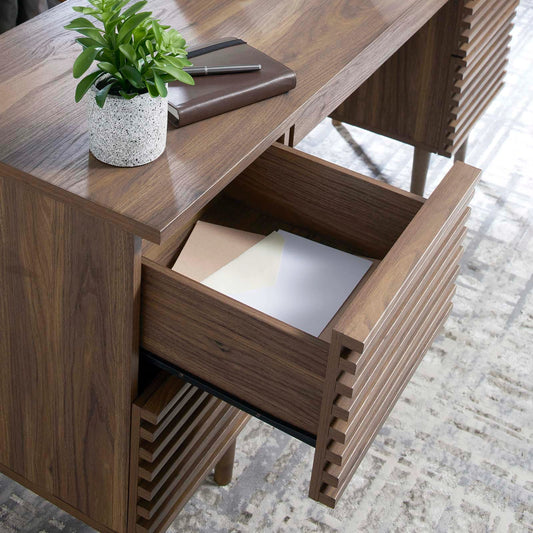 Rennell Office Desk by Evans & Londeen in walnut. Made from particle board, mdf, paper in a modern style.