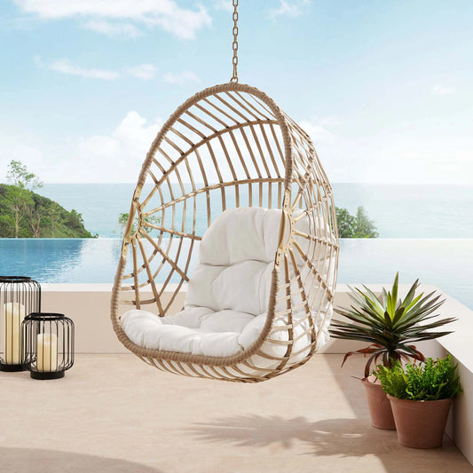 Gilmer Rattan Swing Chair without Stand by Evans & Londeen in natural white. Made from steel, rattan, rope, weimas white fabric, natural rattan #7x-302, stand, base in natural color mc03, spring holder, 2m chains (extra), 280mm