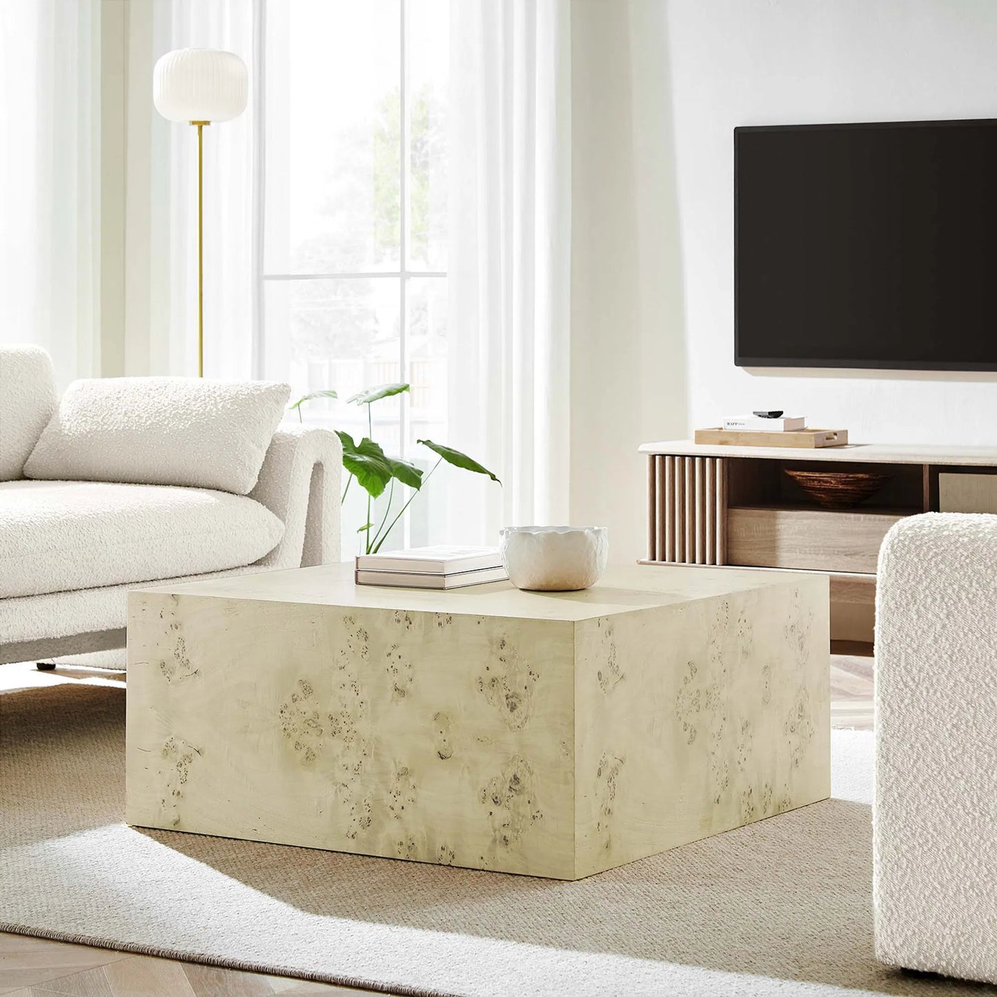 017 SI-2135503 | Lifestyle | Clearfield 36" Square Burl Wood Coffee Table by Evans & Londeen. Made from mdf, burl veneer in a modern style.