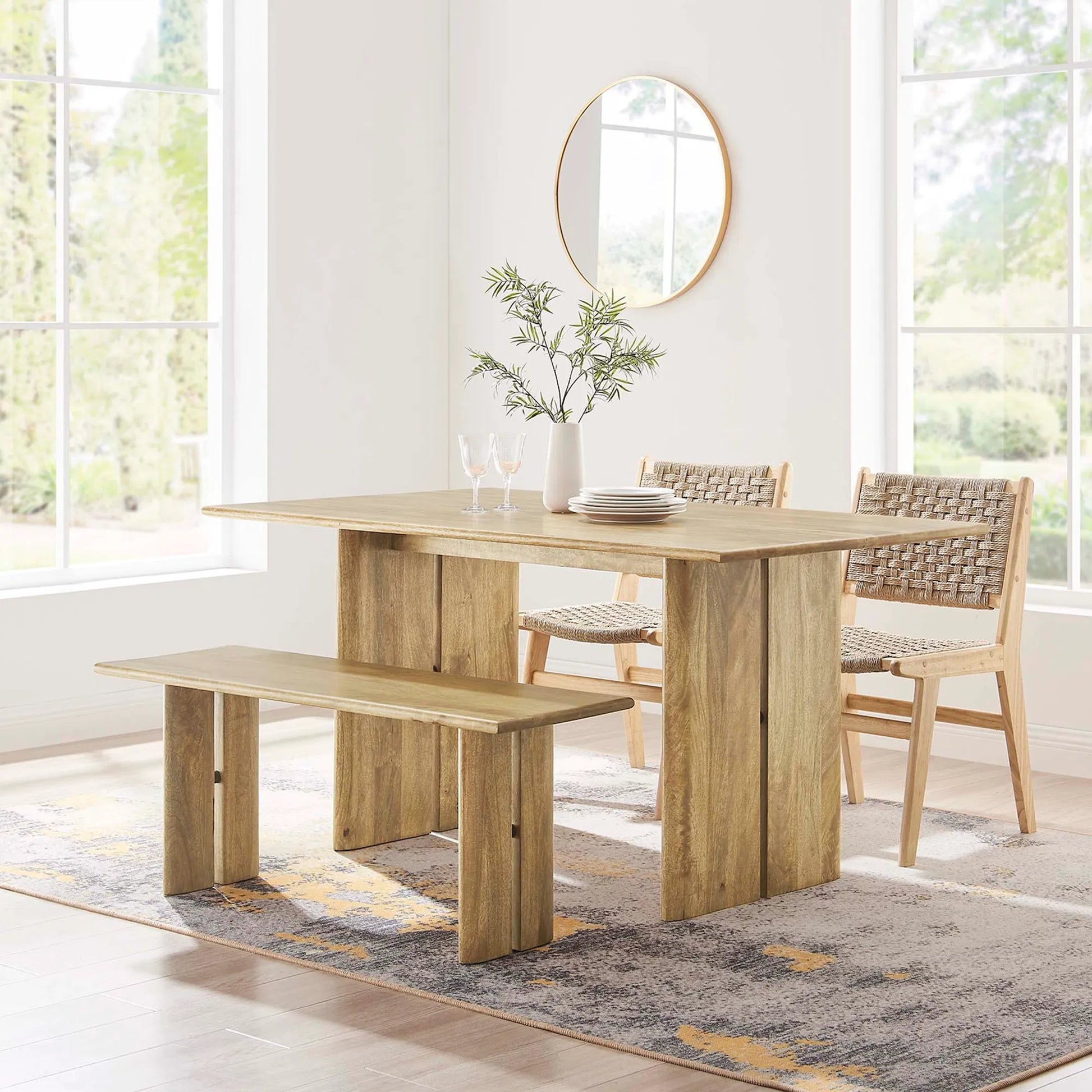 Canton 60" Wood Dining Table and Bench Set by Evans & Londeen. Made from mango wood walnut, light oak color in a cottage & farmhouse style.