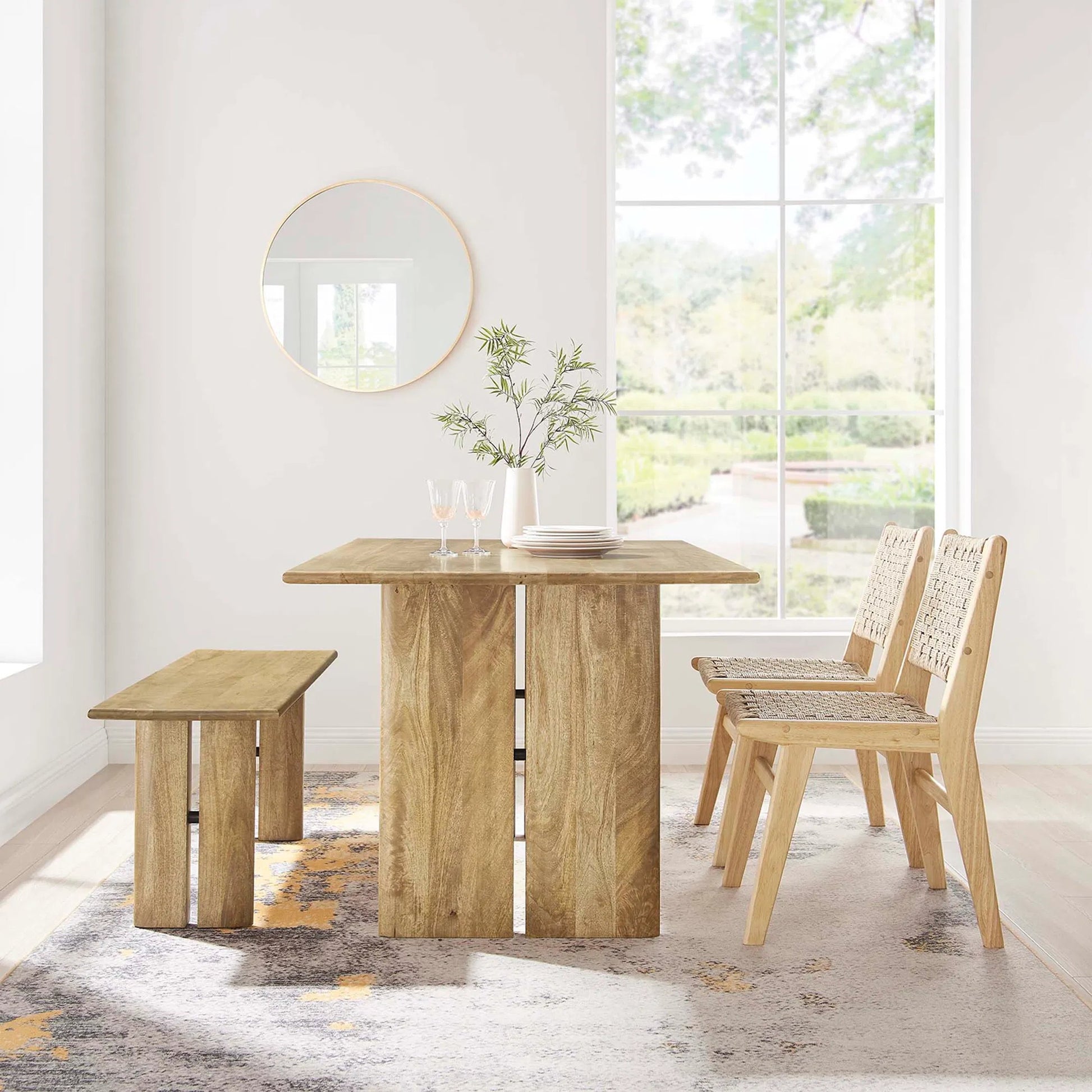 Canton 60" Wood Dining Table and Bench Set by Evans & Londeen. Made from mango wood walnut, light oak color in a cottage & farmhouse style.