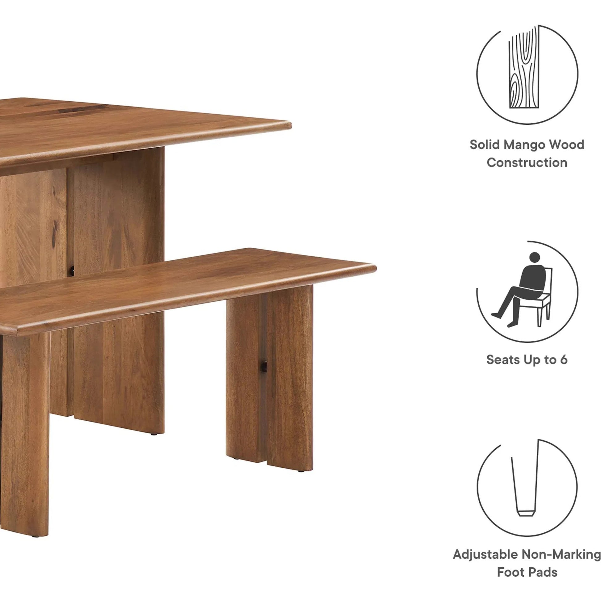 Canton 60" Wood Dining Table and Bench Set by Evans & Londeen. Made from mango wood walnut, light oak color in a cottage & farmhouse style.