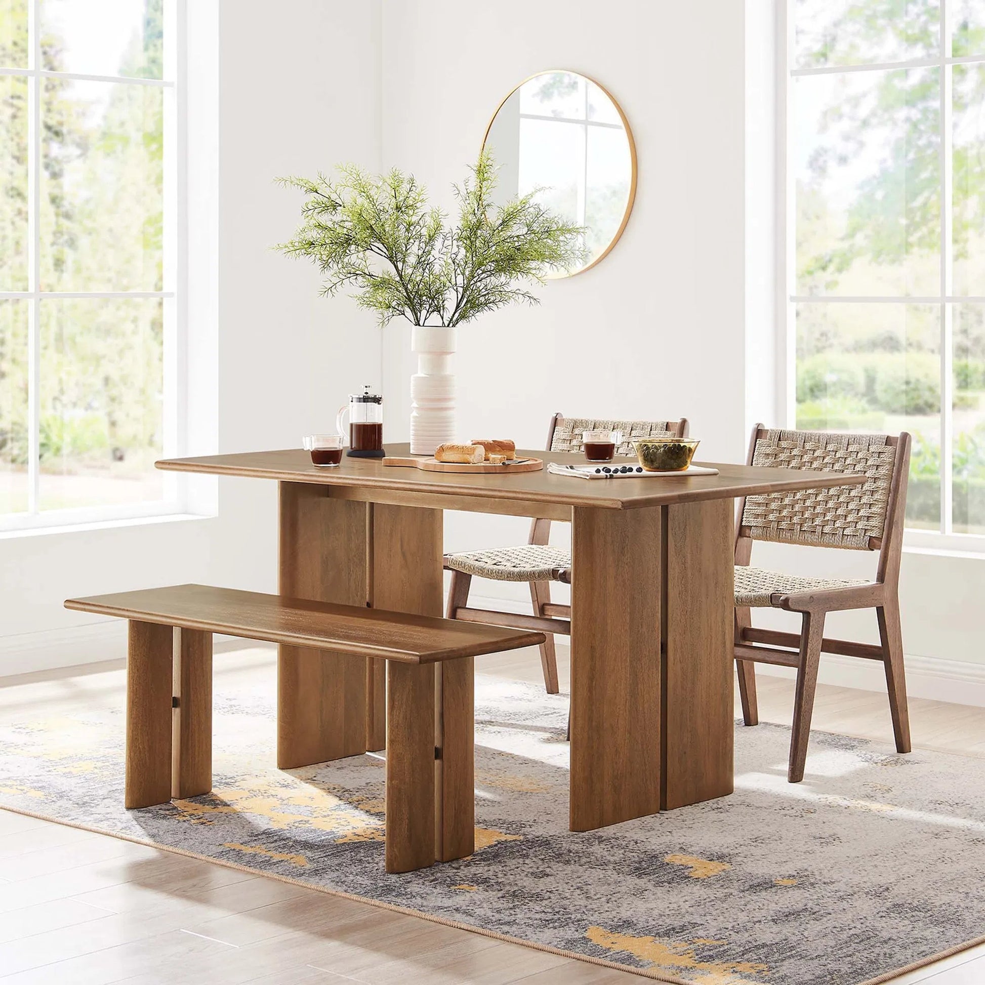 Canton 60" Wood Dining Table and Bench Set by Evans & Londeen. Made from mango wood walnut, light oak color in a cottage & farmhouse style.