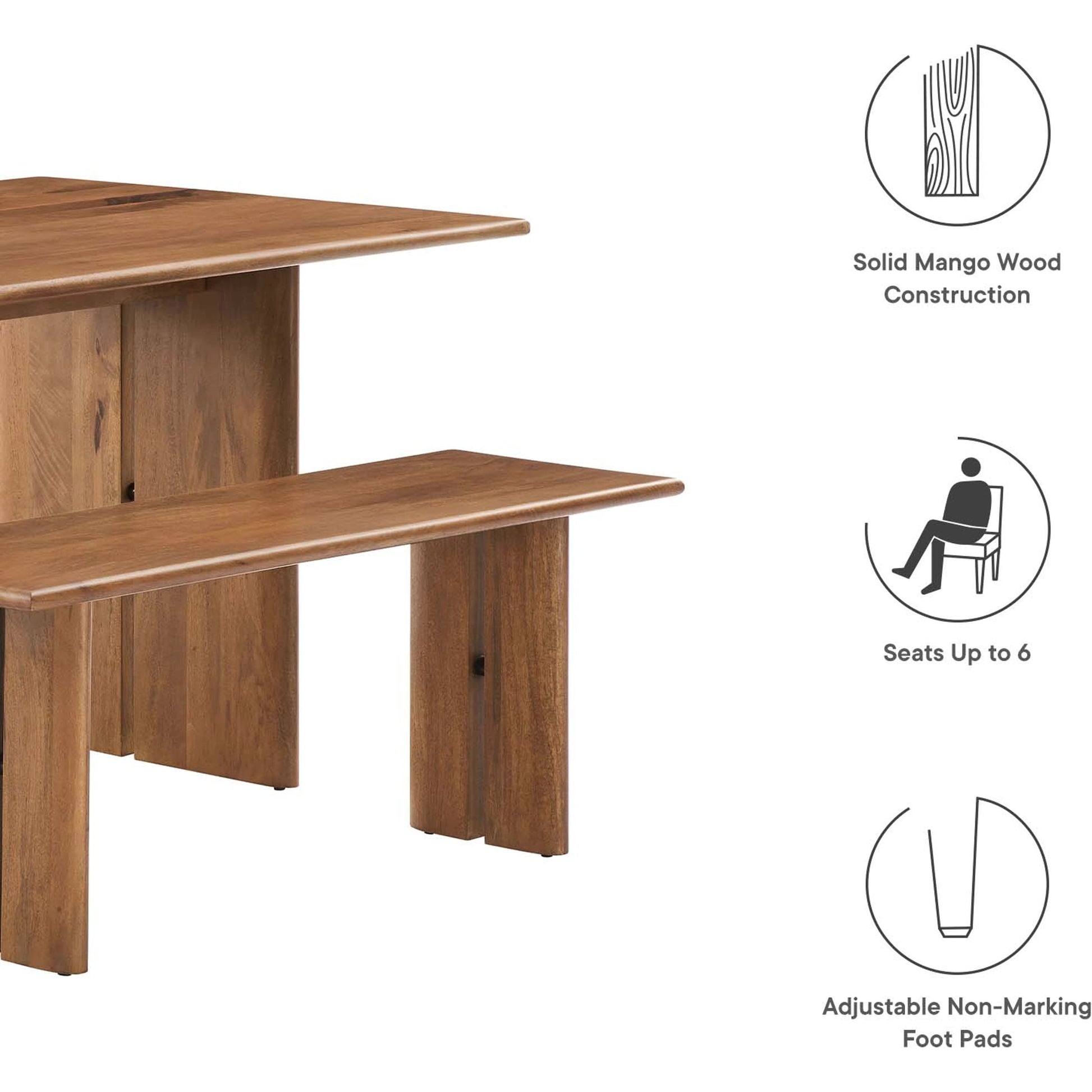 Canton 60" Wood Dining Table and Bench Set by Evans & Londeen. Made from mango wood walnut, light oak color in a cottage & farmhouse style.