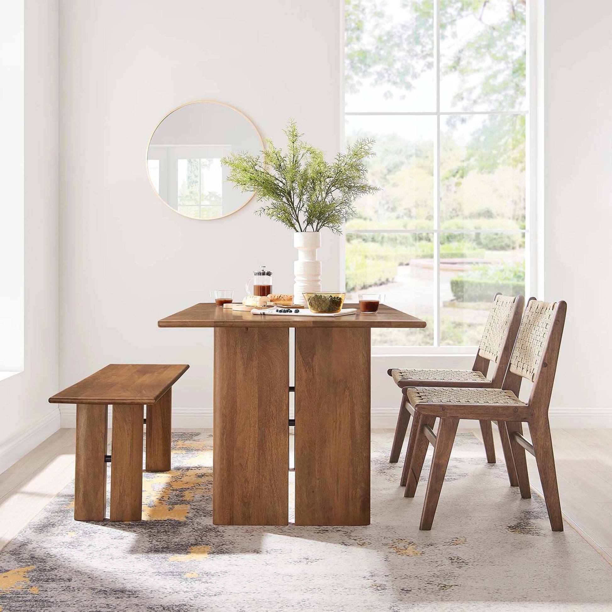 Canton 60" Wood Dining Table and Bench Set by Evans & Londeen. Made from mango wood walnut, light oak color in a cottage & farmhouse style.