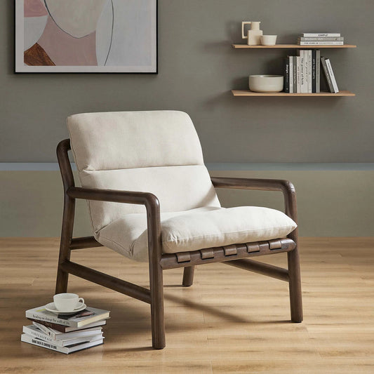Buchanan Wood Sling Chair by Evans & Londeen in dune fabric, walnut. Made from wood in a transitional style.