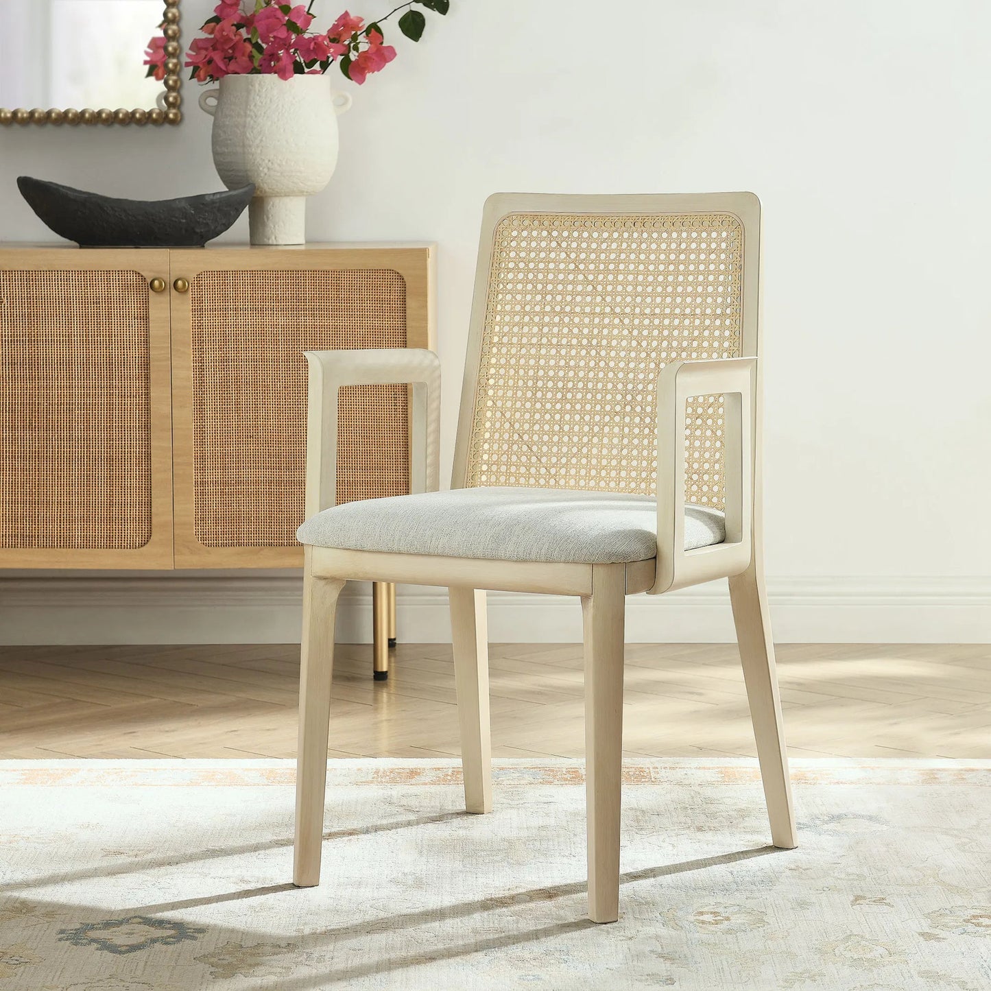 041 SI-2357809 | Lifestyle | Bremer Wood and Rattan Dining Armchair by Evans & Londeen. Made from wood in a transitional style.