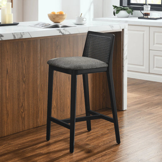 Bremer Wood and Rattan Counter Stool by Evans & Londeen in black black gray. Made from wood in a transitional style.