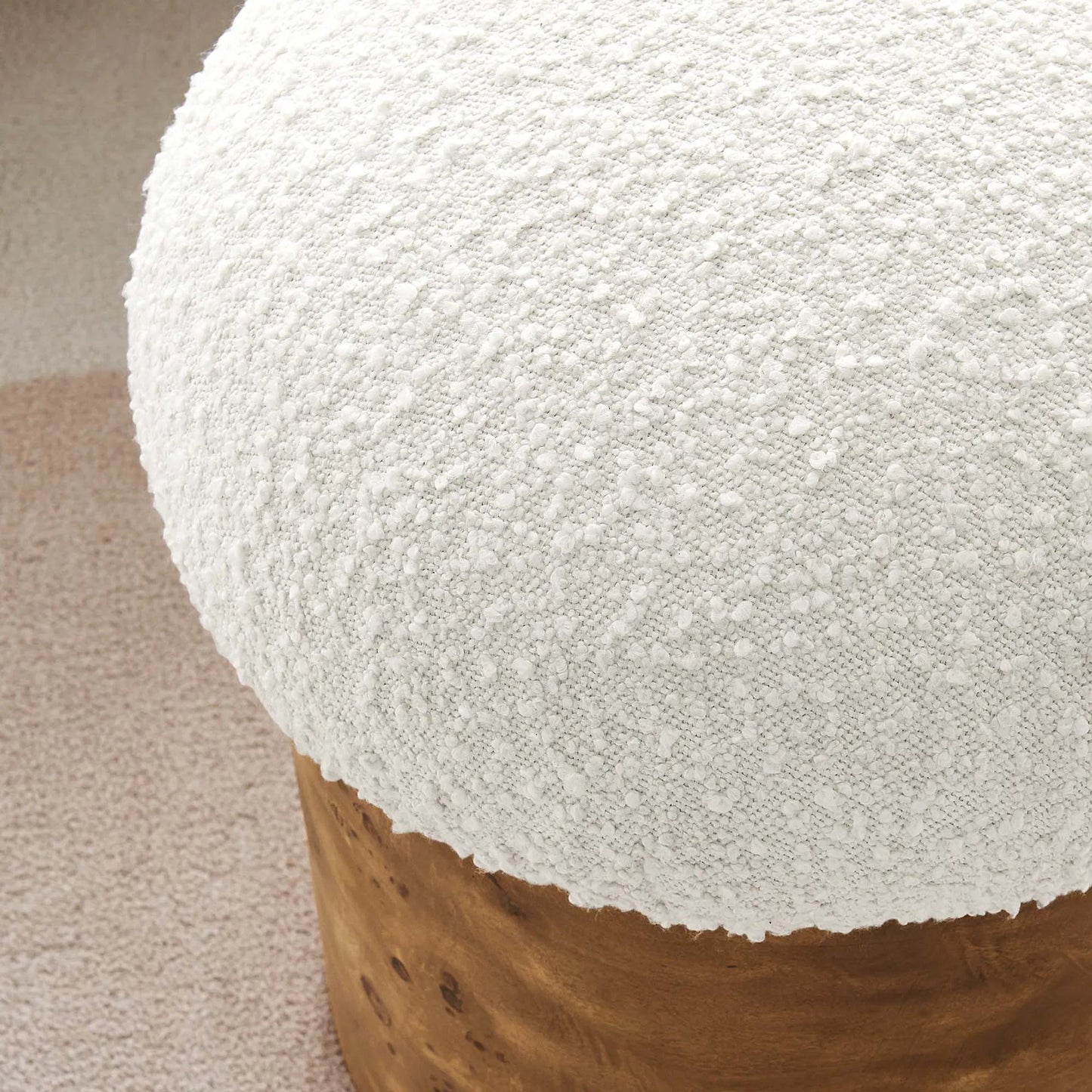 007 SI-2253313 | Closeup | Okeechobee Boucle Ottoman by Evans & Londeen in ivory burgundy. Made from boucle upholstered in a unique style.