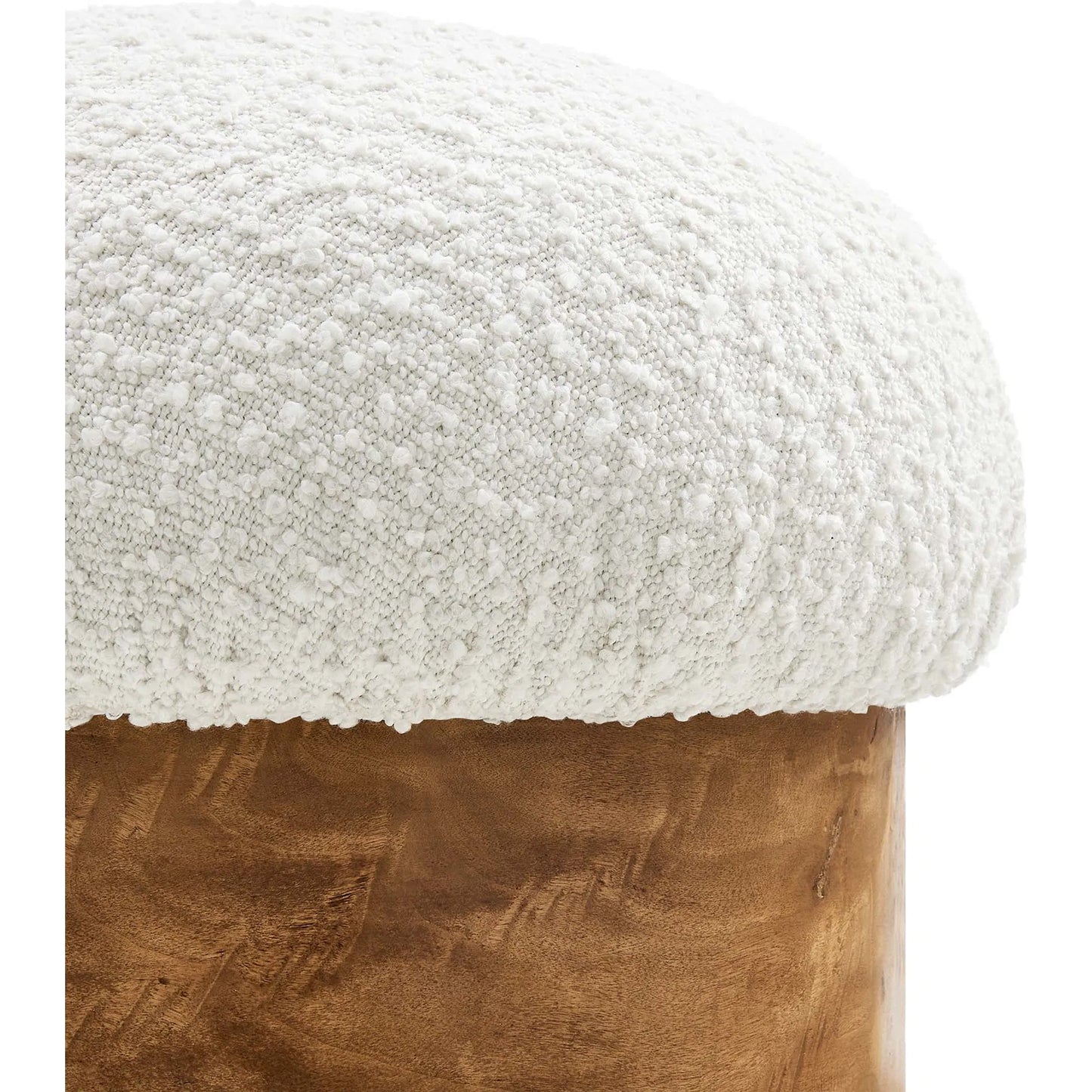 008 SI-2253313 | Closeup | Okeechobee Boucle Ottoman by Evans & Londeen in ivory burgundy. Made from boucle upholstered in a unique style.