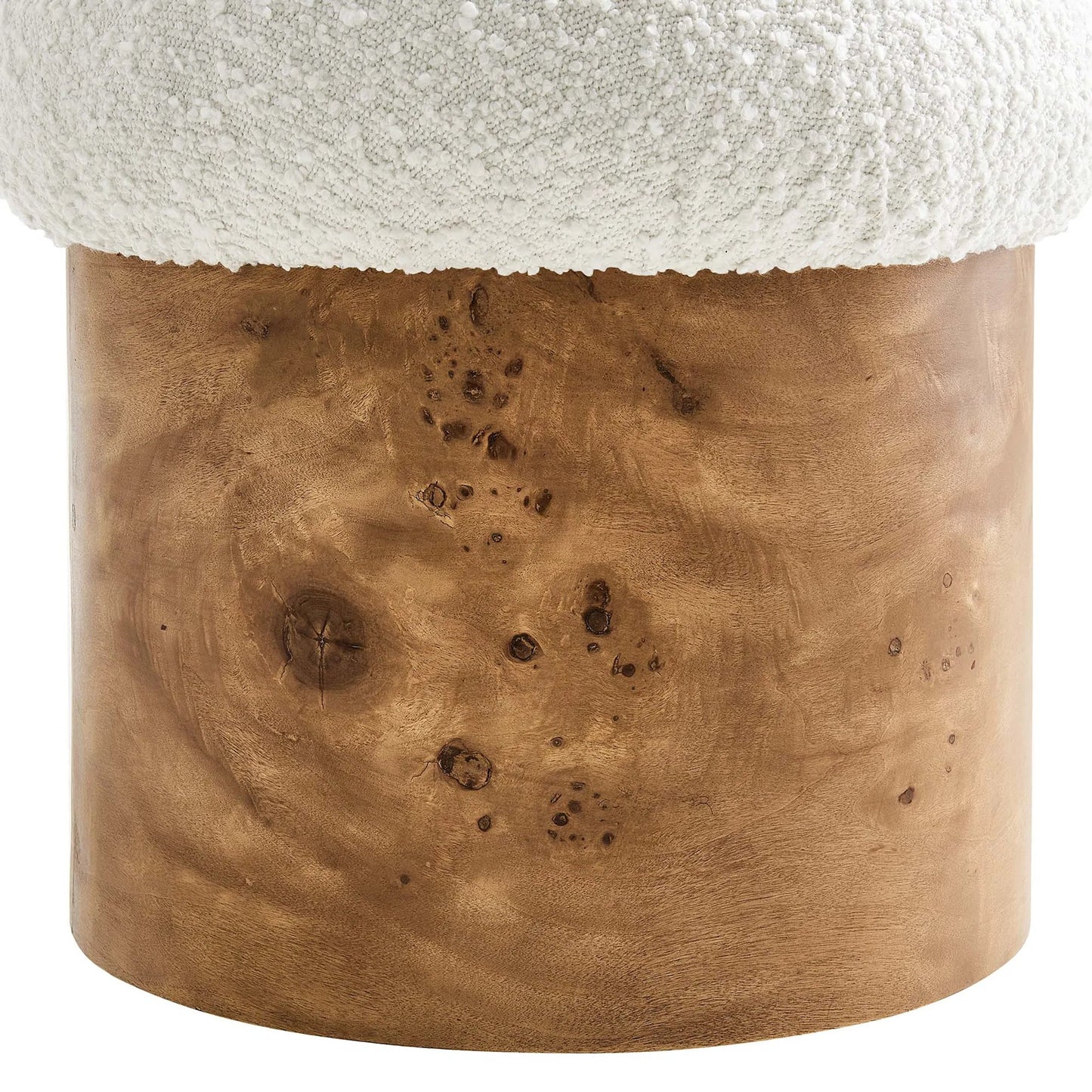 010 SI-2253313 | Closeup | Okeechobee Boucle Ottoman by Evans & Londeen in ivory burgundy. Made from boucle upholstered in a unique style.