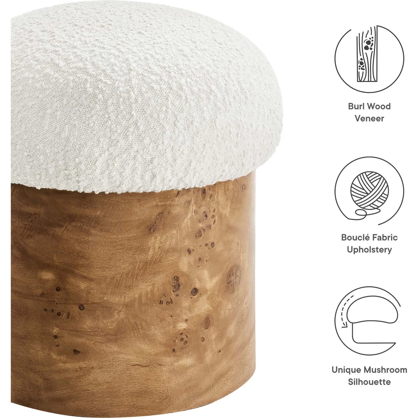003 SI-2253313 | Additional Silo | Okeechobee Boucle Ottoman by Evans & Londeen in ivory burgundy. Made from boucle upholstered in a unique style.