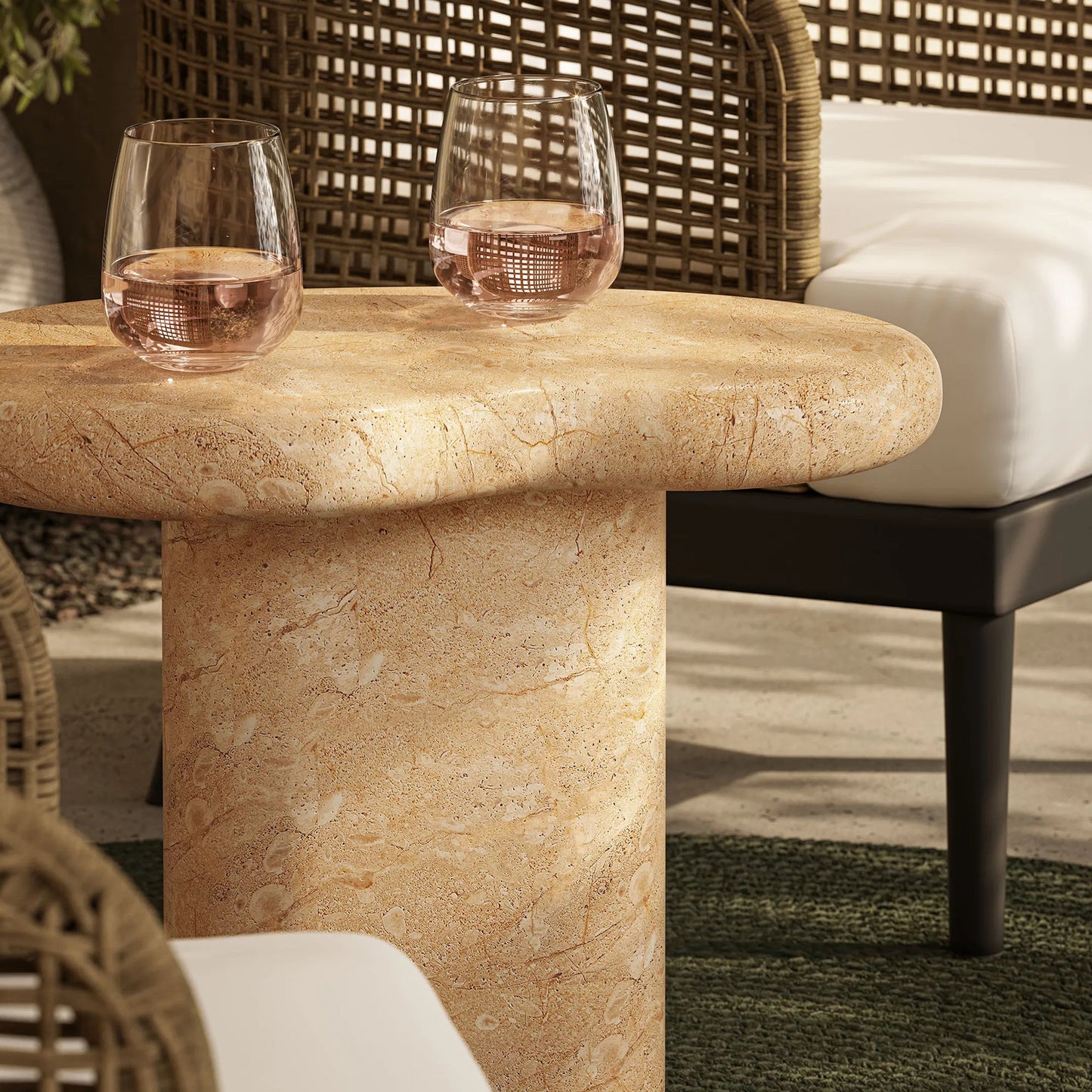 010 SI-2358294 | Lifestyle | Buckeye Outdoor Textured Faux Travertine Side Table by Evans & Londeen in travertine. Made from textured faux travertine in a unique style.