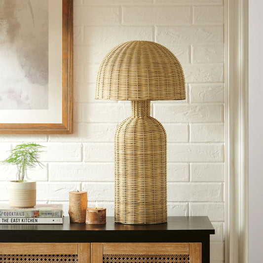 Allison Rattan Table Lamp by Evans & Londeen in natural. Made from rattan in a rustic style.