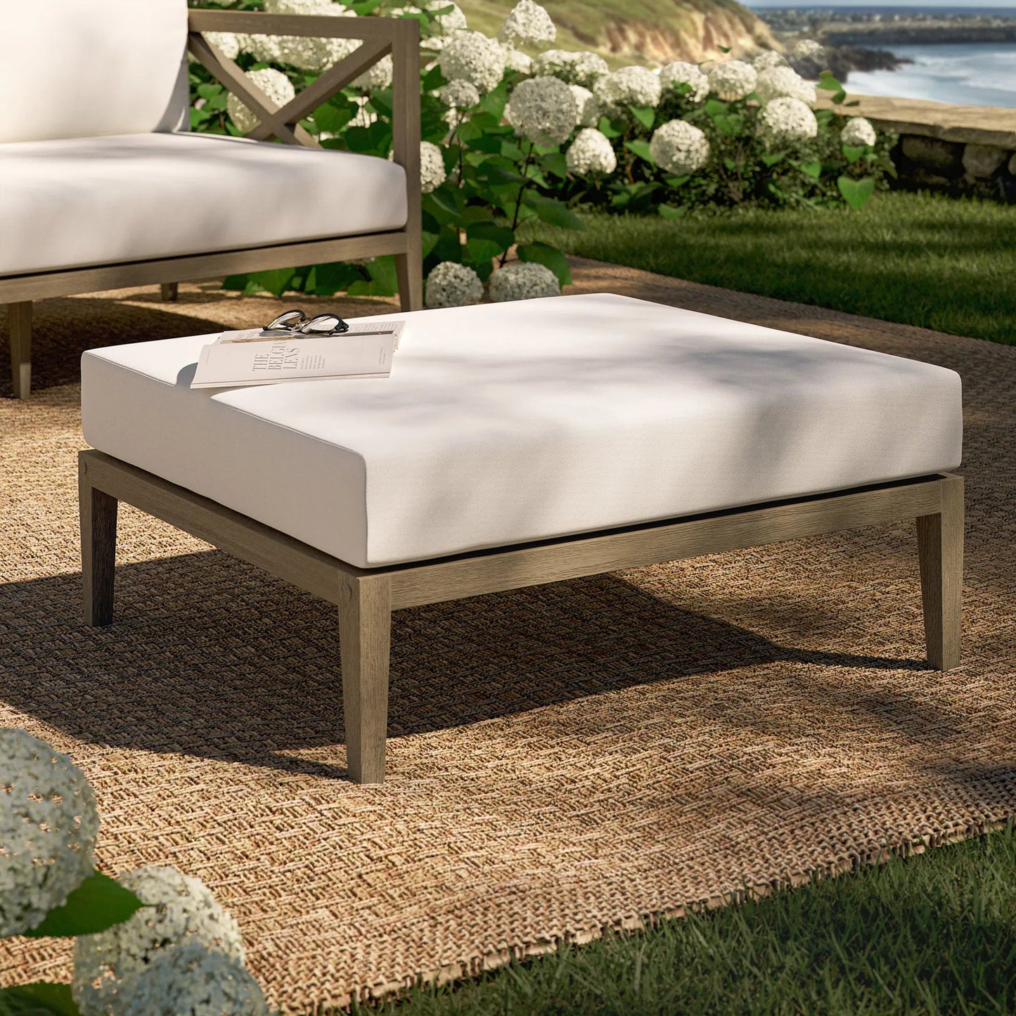 007 SI-2453464 | Lifestyle | Galt Teak Ottoman by Evans & Londeen in weathered gray white. Made from teak in a transitional style.