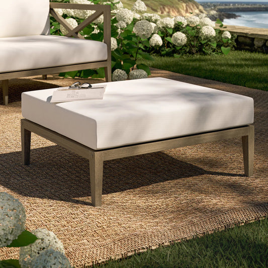Galt Teak Ottoman by Evans & Londeen in weathered gray white. Made from teak in a transitional style.