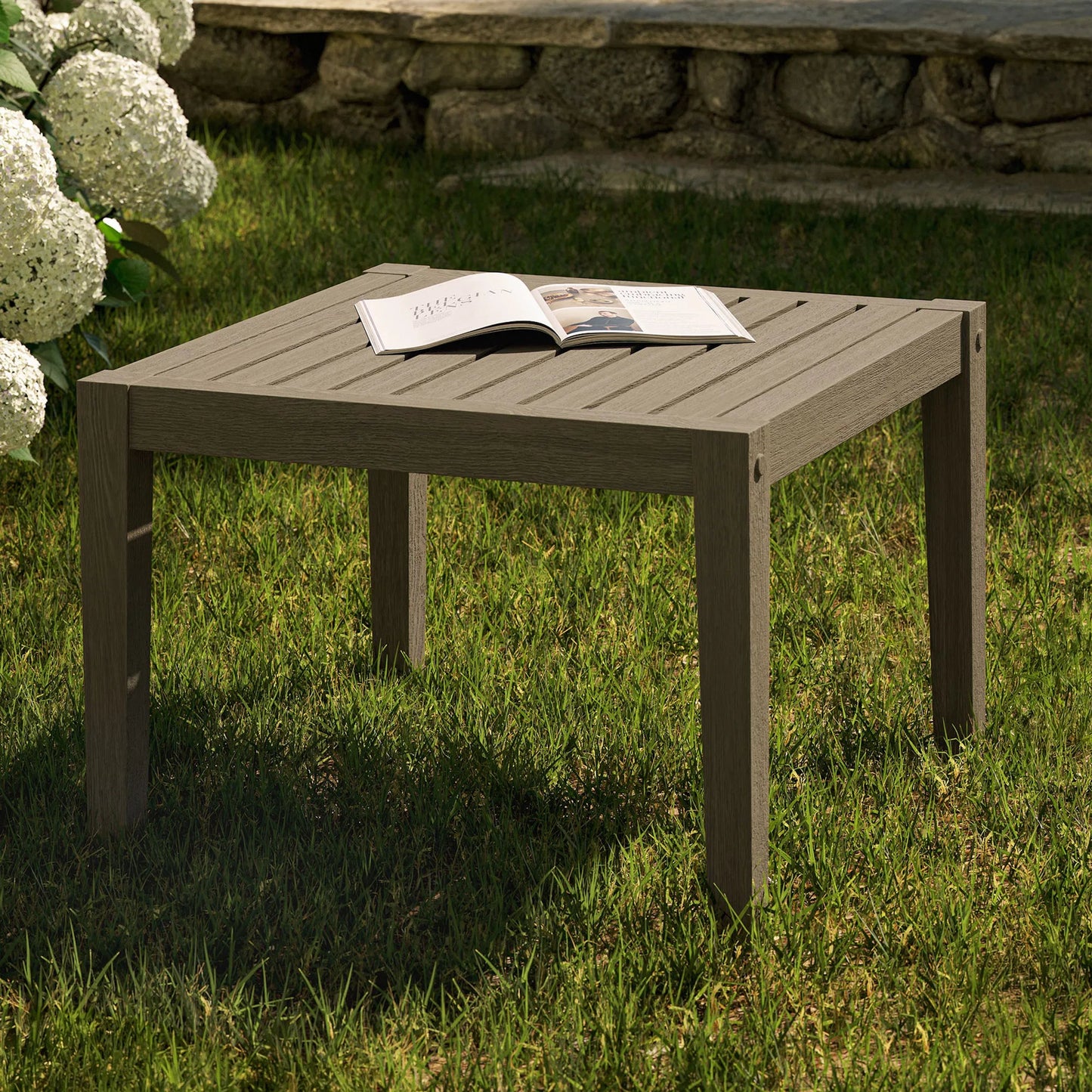 007 SI-2453467 | Lifestyle | Galt Square Teak Side Table by Evans & Londeen in weathered gray. Made from teak in a transitional style.