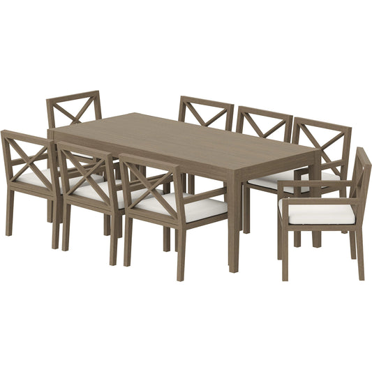 Galt 9-Piece Teak Wood Dining Set by Evans & Londeen in weathered gray. Made from teak wood in a transitional style.