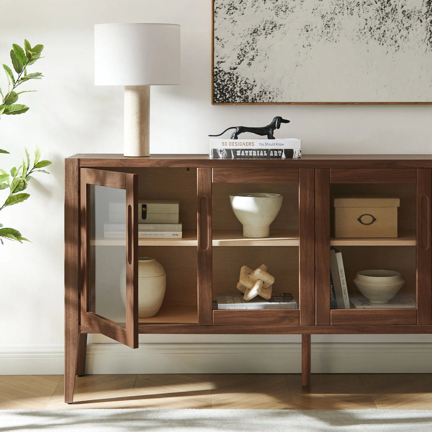 009 SI-2453539 | Lifestyle | Arecibo 72" Glass Door Sideboard Storage Display Cabinet by Evans & Londeen in walnut. Made from glass door in a traditional style.