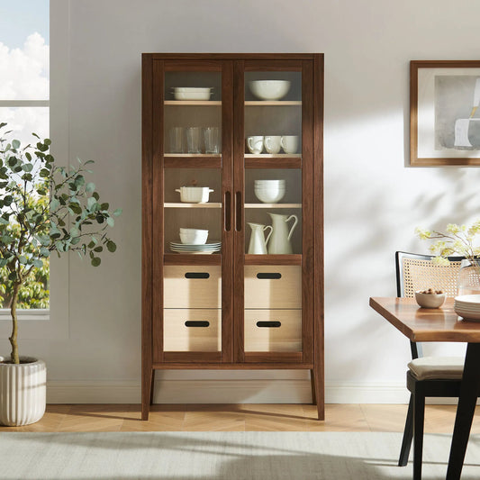 Arecibo 71" Glass Door Tall Display Storage Cabinet by Evans & Londeen in walnut. Made from glass door in a traditional style.