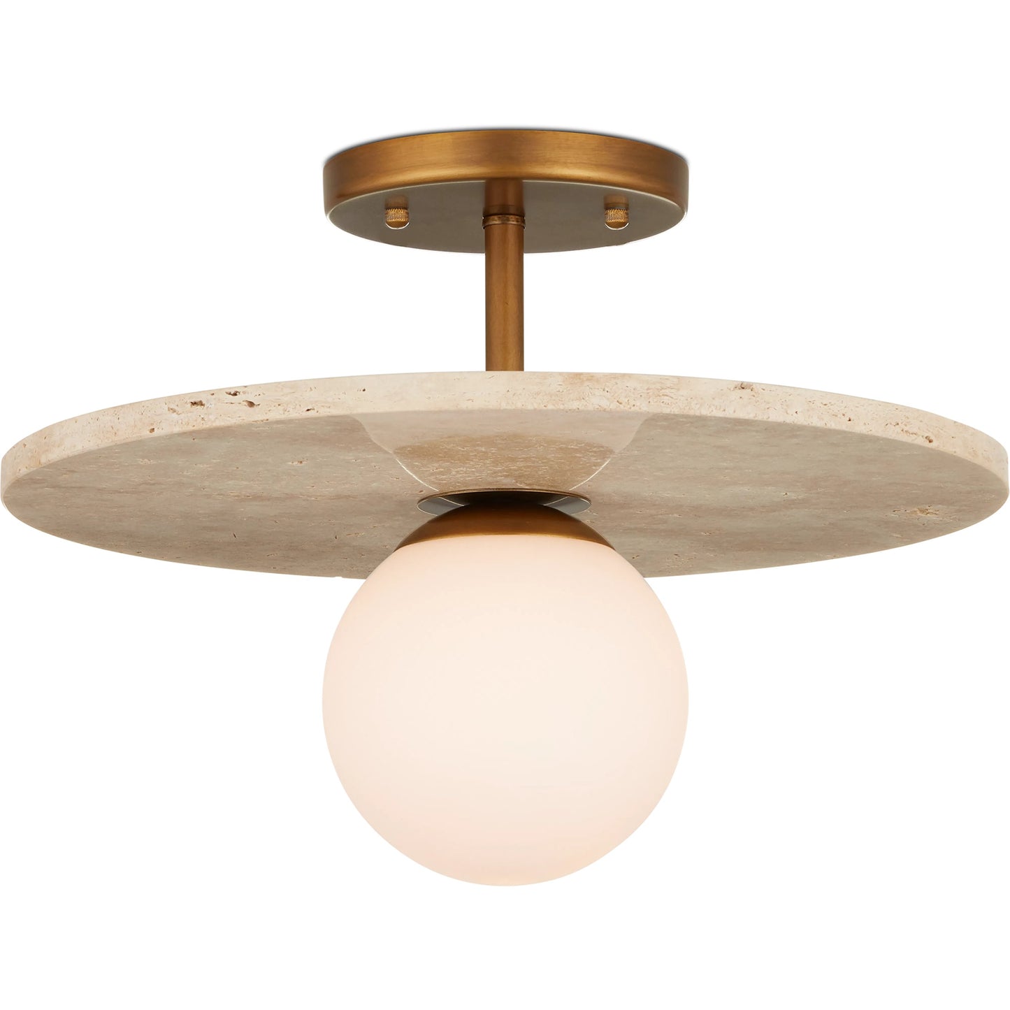 001 SI-2191643 | Primary Silo | Apricity Semi-Flush Mount by Currey and Company in beige, antique brass, frosted white. Made from travertine, metal, glass in a modern style.