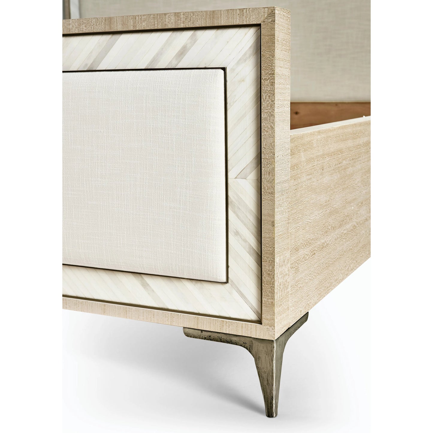 004 SI-2186241 | Closeup | Water Tideline Bone & Linen King Upholstered Bed by Jonathan Charles in dyed koto. Made from dyed koto veneer, faux bone, metal, foam, fabric in a modern style.