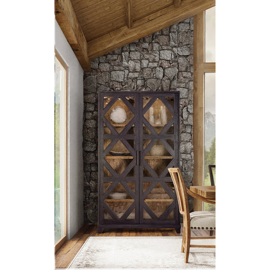 Big Sky Display Cabinet by Hooker Furniture in charred timber. Made from pecky hickory veneers, seeded glass, tempered glass in a modern style.