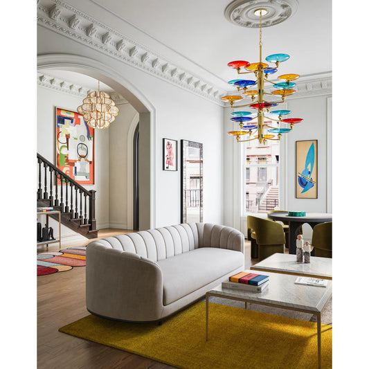 Veneto Chandelier by Currey and Company in blue, yellow, red, polished brass. Made from glass, metal in a eclectic & global style.