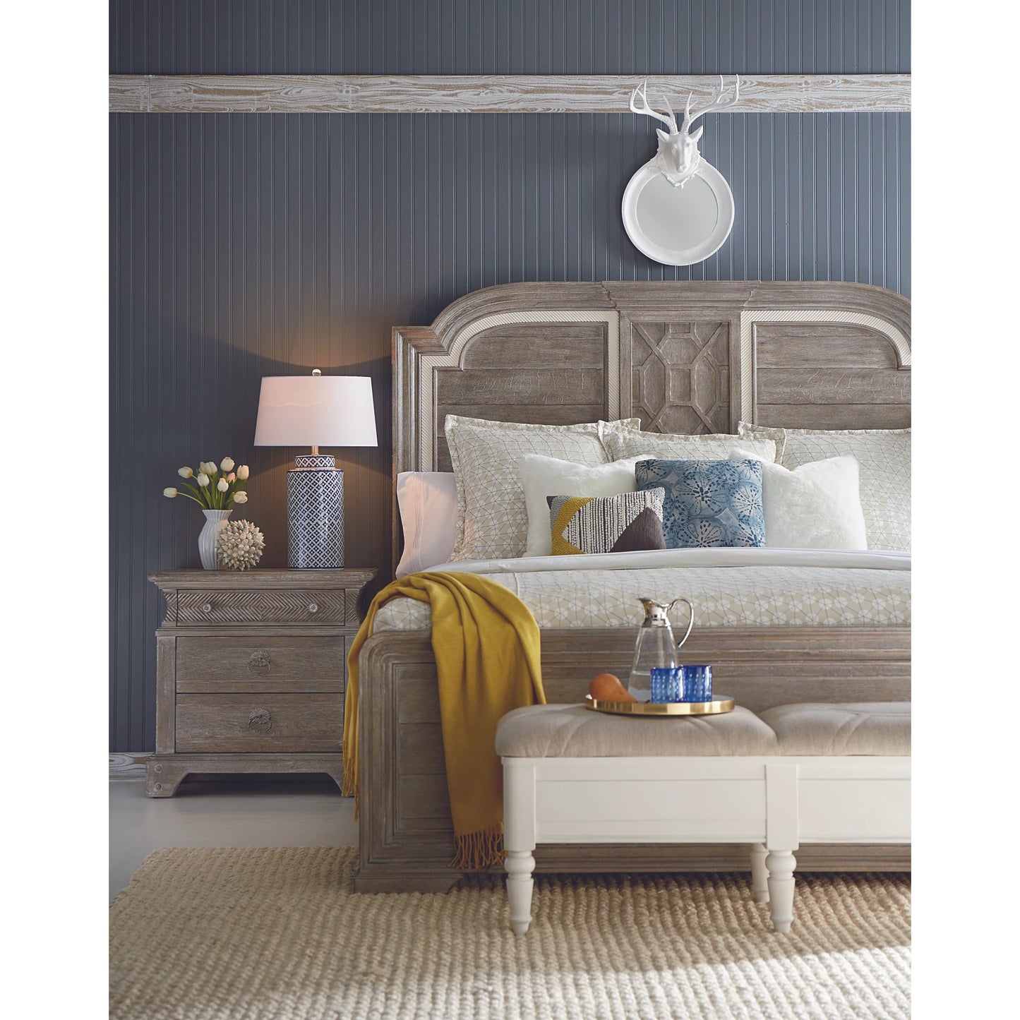 006 SR-882106 | Lifestyle | Summer Creek Light Keeper's Bedside Chest by A.R.T. Furniture in gray and scrubbed oak. Made from flakey cathedral oak veneer, parawood solids in a traditional style.