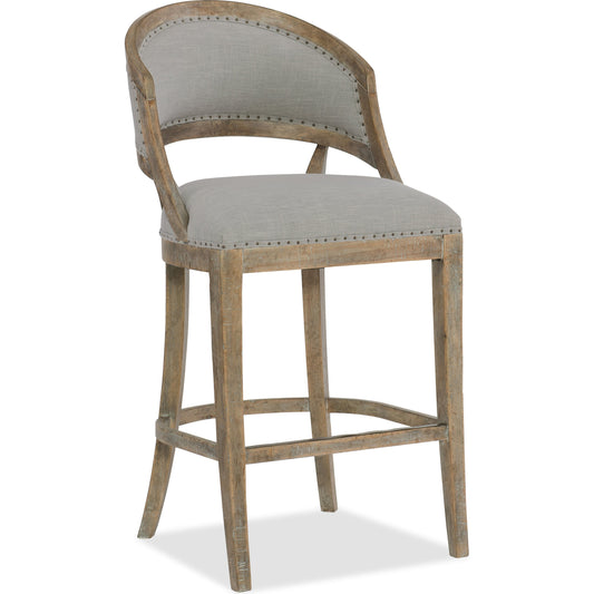 Garnier Bar + Counter Stool by Hooker Furniture in grey and light brown, soft gray. Made from quartered oak veneers, fabric in a traditional style.