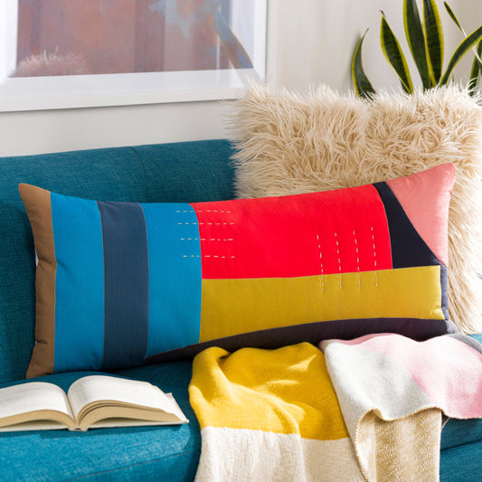 Ellie Pillow - 15986 by Livabliss in red, mustard, navy. Made from 100% cotton in a eclectic & global style.