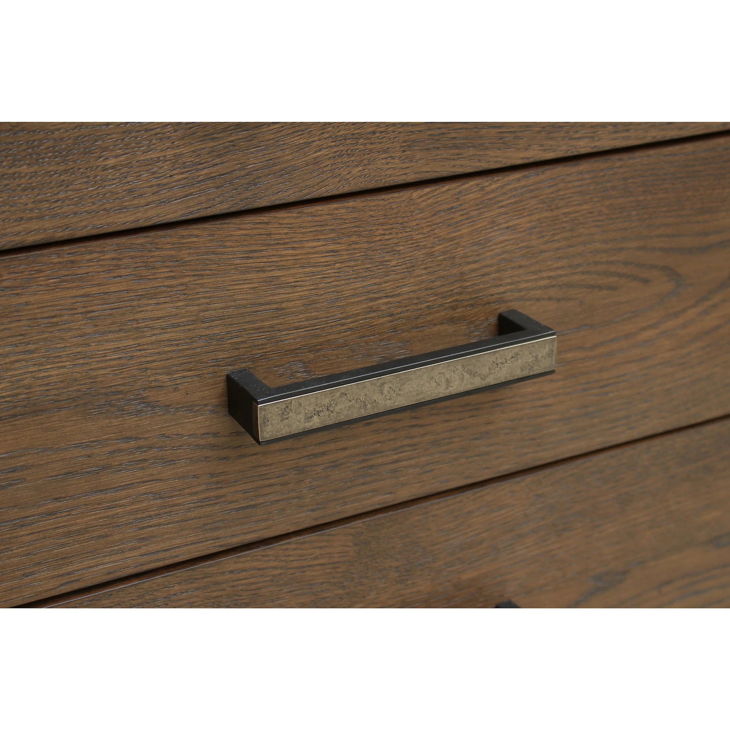 005 SI-2441319 | Closeup | Caleb Nightstand by Moe's Home Collection in brown. Made from top, side, drawer oak veneer over mdf, solid oak, back plywood drawer plywood, engineer veneer, iron in a traditional style.