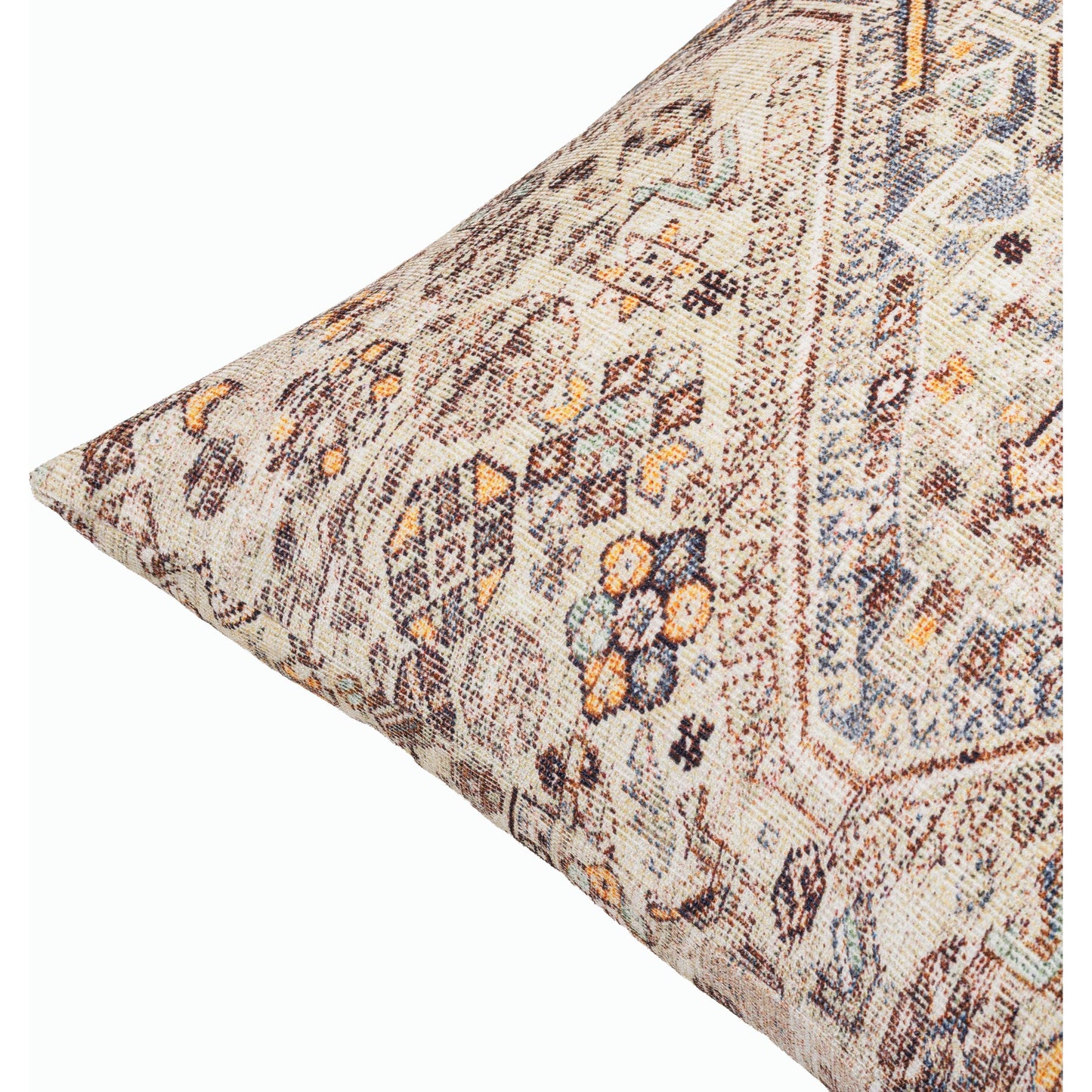 002 SI-2168455,SI-2168456,SI-2168457,SI-2168458,SI-2168459,SI-2168460 | Closeup | Emily Jean Pillow - 534220 by Livabliss in medium gray, ink blue, peach, black. Made from polyester in a traditional style.