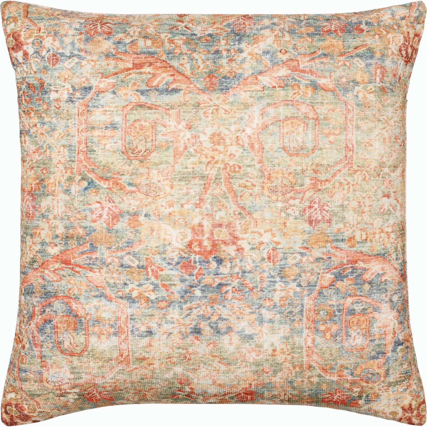 001 SI-2168491,SI-2168492,SI-2168493,SI-2168494,SI-2168495,SI-2168496 | Primary Silo | Emily Jean Pillow - 534250 by Livabliss in medium green, orange, burnt orange, blue. Made from polyester in a traditional style.