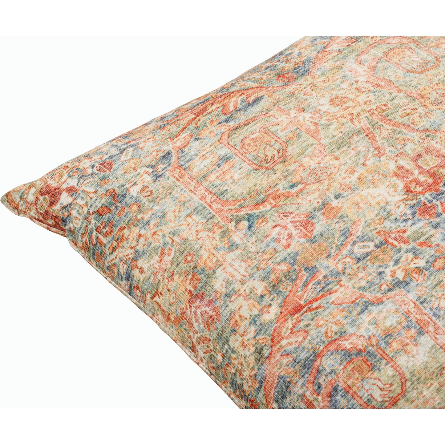 002 SI-2168491,SI-2168492,SI-2168493,SI-2168494,SI-2168495,SI-2168496 | Closeup | Emily Jean Pillow - 534250 by Livabliss in medium green, orange, burnt orange, blue. Made from polyester in a traditional style.