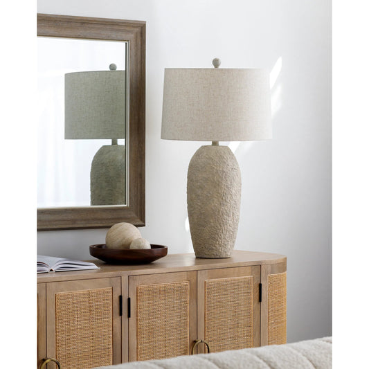 Eino Table Lamp - 531280 by Livabliss in body: white, shade (outside): wheat, shade (inside): white, finial: white, harp: metallic - nickel, cord: translucent and paintedpainted. Made from body: ceramic, shade (outside): linen,