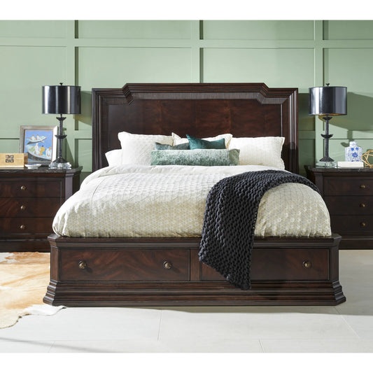 Revival Panel Storage Bed by A.R.T. Furniture in napa mahogany. Made from rubberwood solids, quarter mahogany veneer, resin, metal in a traditional style.