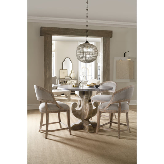 Garnier Bar + Counter Stool by Hooker Furniture in grey and light brown, soft gray. Made from quartered oak veneers, fabric in a traditional style.