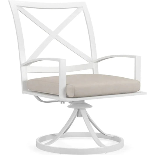 Bristol Outdoor Swivel Dining Chair in Canvas Flax w/ Self Welt by Sunset West in white. Made from aluminum in a modern style.