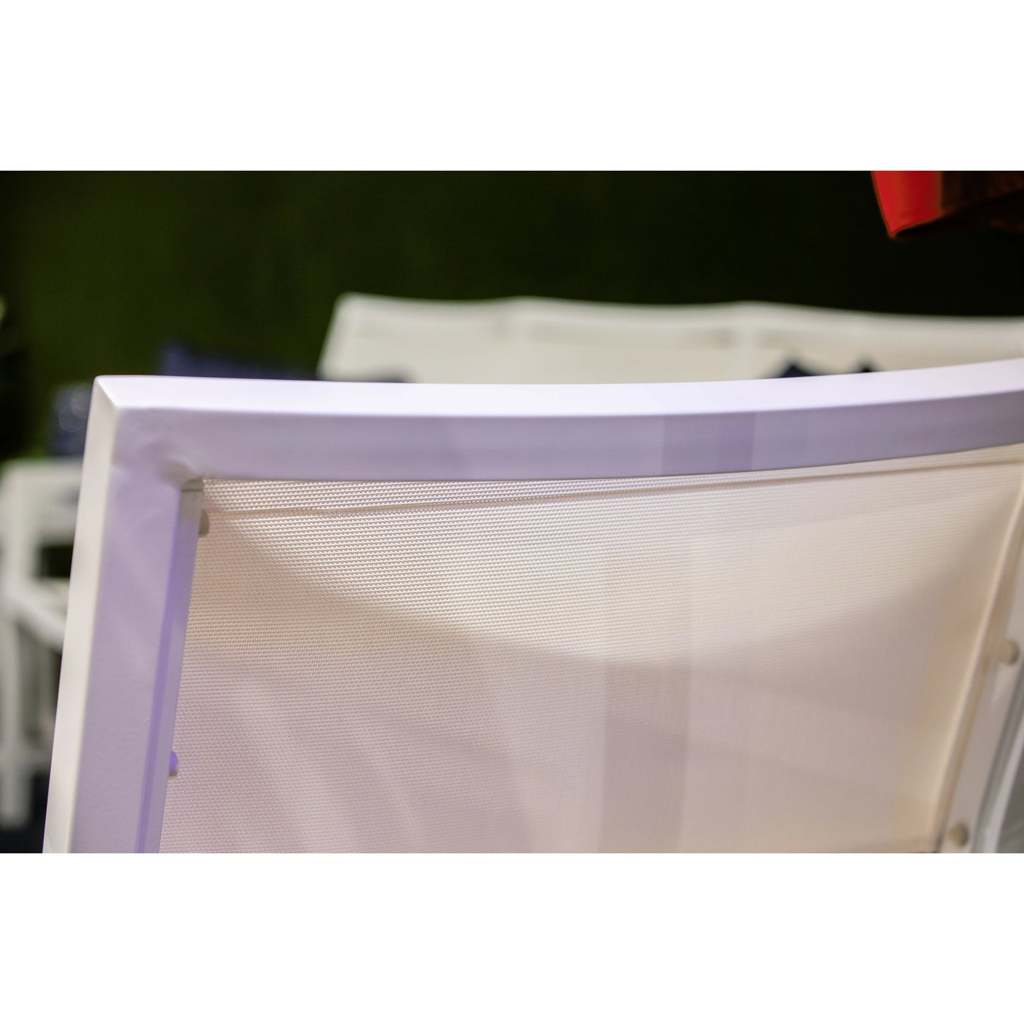 005 SI-2166660 | Closeup | Naples Outdoor Stackable Sling Club Chair by Sunset West in white. Made from aluminum in a modern style.