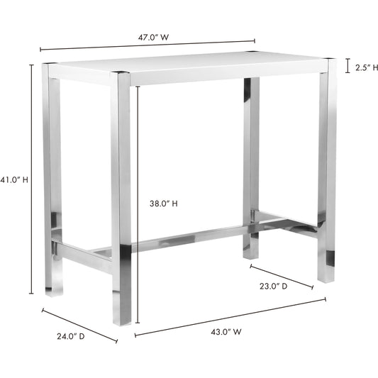 Riva Bar Table by Moe's Home Collection in white. Made from high-gloss lacquer, stainless steel base, mdf in a modern style.