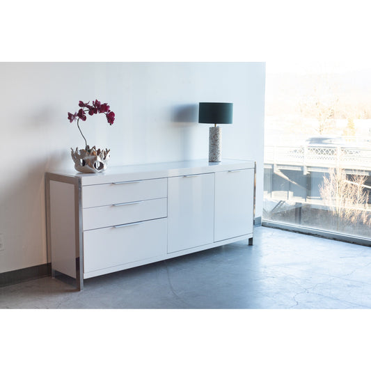 Neo Sideboard by Moe's Home Collection in white. Made from lacquered mdf, polished stainless steel, mdf in a modern style.