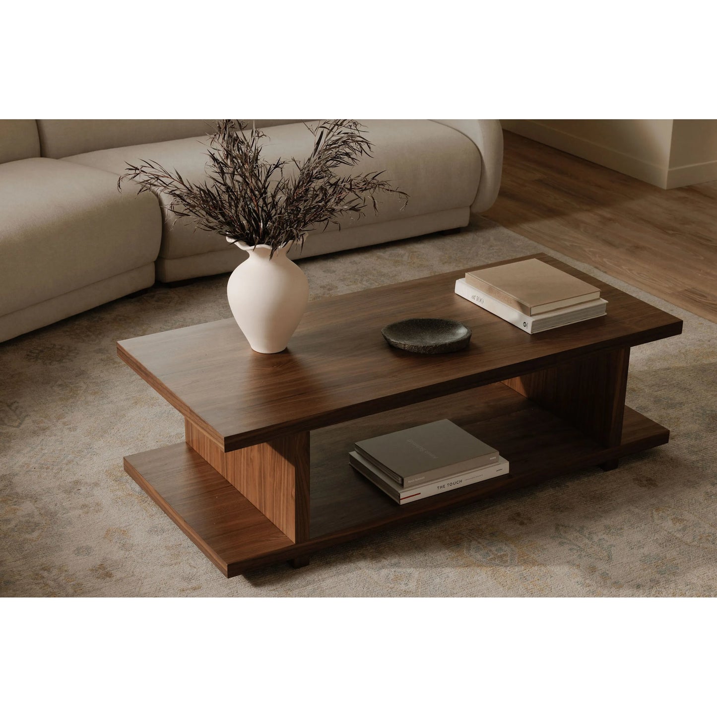005 SI-2368210 | Lifestyle | Miri Coffee Table by Moe's Home Collection in brown and pu. Made from walnut veneer, mdf in a traditional style.