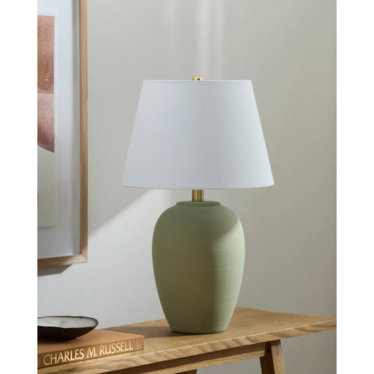 Matera Accent Table Lamp by Livabliss in green and hand painted. Made from ceramic, linen, iron in a modern style.