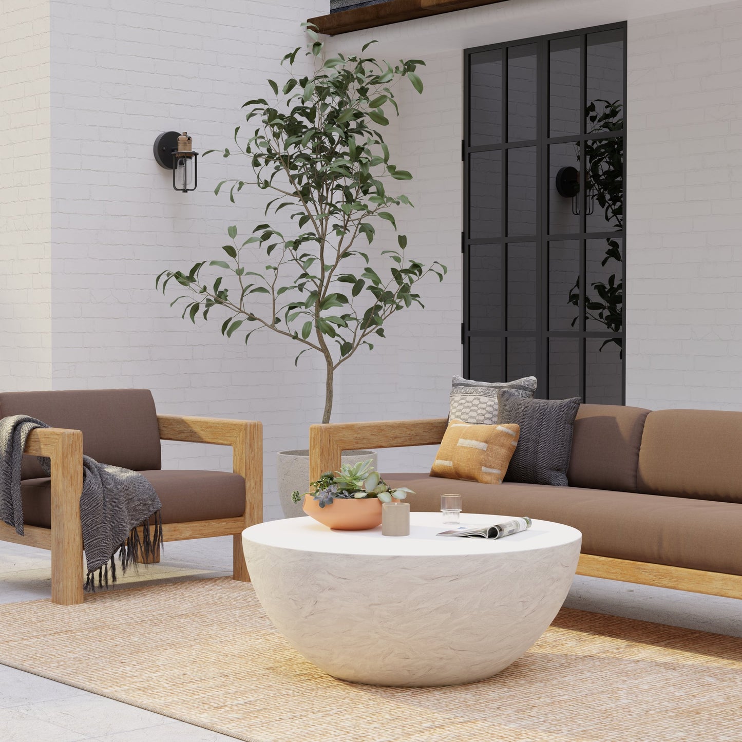 002 SI-2167269 | Lifestyle | Antique Outdoor Stone Bowl Coffee Table by Sunset West in stone. Made from gfr concrete in a modern style.